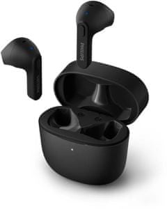 moderní Bluetooth sluchátka philips TAT2236 podpora hlasových asistentů odolná vodě nabíjecí box dlouhá výdrž pohodlná v uších výkonné měniče dotykové ovládání handsfree funkce moderní design