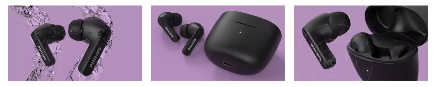  moderní Bluetooth sluchátka philips TAT2206 podpora hlasových asistentů odolná vodě nabíjecí box dlouhá výdrž pohodlná v uších výkonné měniče dotykové ovládání handsfree funkce moderní design 