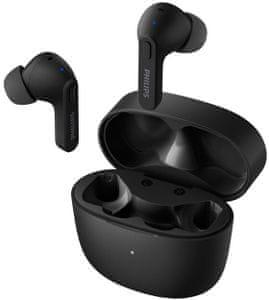 moderní Bluetooth sluchátka philips TAT2206 podpora hlasových asistentů odolná vodě nabíjecí box dlouhá výdrž pohodlná v uších výkonné měniče dotykové ovládání handsfree funkce moderní design