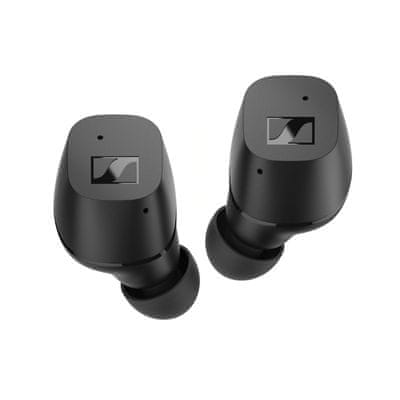  moderná prenosná špuntová bezdrôtová Bluetooth slúchadlá sennheiser true wireless odolná vode a potu špunty pohodlné mikrofóny MEMS handsfree funkcie dotykové ovládanie 