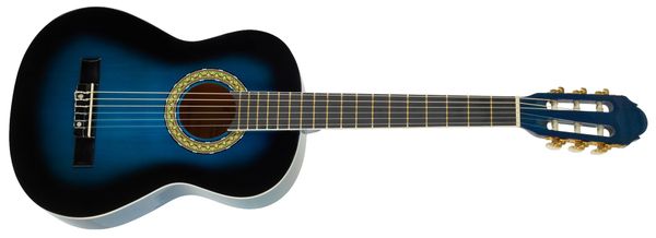 krásná modrá akustická kytara blue sunburst toledo primera student 34 bls s kratší menzurou pro děti studenty a lidi menšího vzrůstu lesklá povrchová úprava vrstvený korpus lipové dřevo
