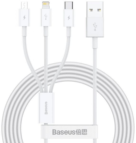 Levně BASEUS Datový kabel Superior 3v1 microUSB+Lightning+USB-C 1,5m 3,5A bílý