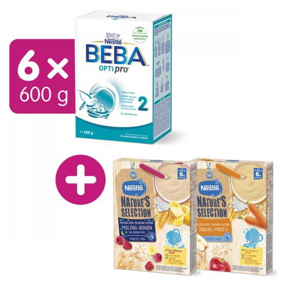 BEBA OPTIPRO 2 (6x600 g) + dárek Nestlé Nature's Selection Mléčná obilná kaše Malina Banán 250g a Jablko Mrkev 250g