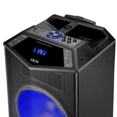  akai ABTS-DK15 buli hangszóró szuper hang Bluetooth usb aux in led fény mikrofon a csomagban karaoke funkció fm tuner 30w teljesítmény kerekek fogantyú gitár bemenet