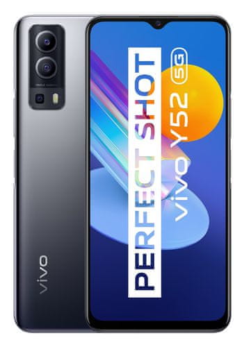  VIVO Y52 5G, 4GB/128GB, černá výkonný chytrý telefon moderní mobilní dotykový telefon smartphone IPS LCD displej Bluetooth technologie wifi dual sim micro sd karta ip52 odolnost čtečka otisků prstů v displeji rychlonabíjení flashcharge 18W 5G připojení podpora 5G síť mobilní inteligentní 64mpx fotoaparát přední 16mpx fotoaparát natáčení videa v 4k rozlišení NFC Android 11 výkonná baterie MediaTek Dimensity 700 5G