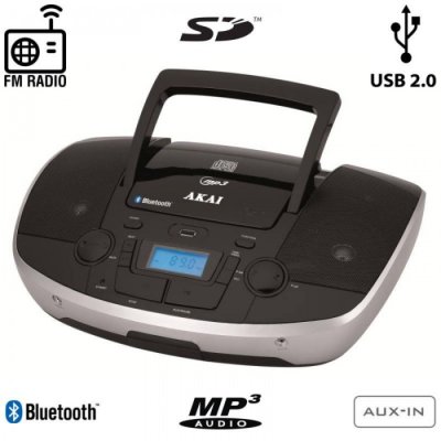 hezký radiomagnetofon akai aprc-108 cd Bluetooth aux in sluchátkový výstup sd karty usb vstup reproduktory madlo fm tuner lcd displej