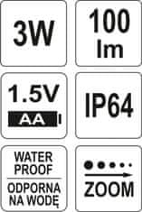 YATO Svítilna kapesní voděodolná IP64, fce ZOOM, 110lm, 1xAA, 100x25mm
