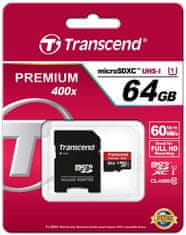 Transcend Micro SDXC Premium 400x 64GB 60MB/s UHS-I + SD adaptér (TS64GUSDU1)