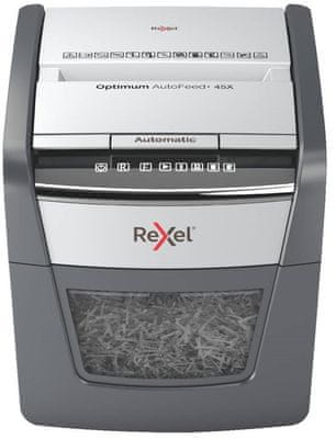  Rexel Auto Optimum 45X (2020045XEU) kancelářská skartovačka, automatická a manuální skartace, 45 listů A4 najednou, nízká hlučnost, křížový řez DIN P-4, objem koše 20 l, infračervený senzor