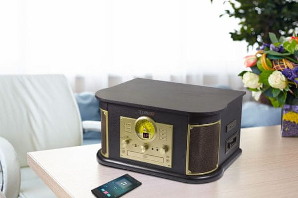 retro gramofon technaxx tx-103 bluetooth aux in usb port fm rádio sd slot automatické i manuální vypnutí zabudované reproduktory kvalitní zvuk rca výstupy digitalizace desek safírový hrot keramická kazeta cd kazety