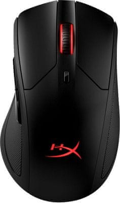 Herní bezdrátová myš HyperX Pulsefire Dart (HX-MC006B) černá červená dělená funkční tlačítka funkce optická senzor PixArt 3389 16000 DPI  koženkový potah ergonomie pro příjemný úchop 