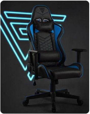 Herní židle ergonomická SENSE7 Spellcaster, černo-modrá polohovatelná 90 až 160 stupňů pěnové polstrování proti pokřivení vaší páteře ocelová konstrukce ekologická umělá kůže HDE
