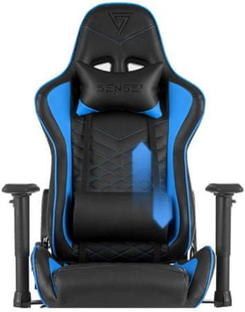 Herní židle ergonomická SENSE7 Spellcaster, černo-modrá polohovatelná 90 až 160 stupňů pěnové polstrování proti pokřivení vaší páteře ocelová konstrukce ekologická umělá kůže HDE