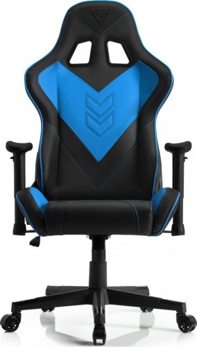 Herní židle ergonomická SENSE7 Vizard, černo-modrá polohovatelná 90 až 160 stupňů pěnové polstrování proti pokřivení vaší páteře ocelová konstrukce ekologická umělá kůže HDE speciální pěna EasyFoam 