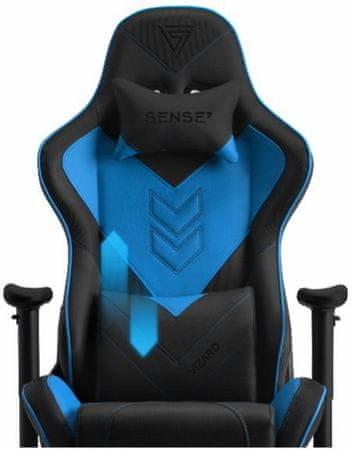 Herní židle ergonomická SENSE7 Vizard, černo-modrá polohovatelná 90 až 160 stupňů pěnové polstrování proti pokřivení vaší páteře ocelová konstrukce ekologická umělá kůže HDE speciální pěna EasyFoam 