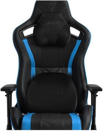 Herná stolička ergonomická SENSE7 Legend, čierno-modrá polohovateľná 90 až 140 stupňov penové polstrovanie proti pokriveniu vašej chrbtice oceľová konštrukcia ekologická umelá koža HDE špeciálna pena EasyFoam 