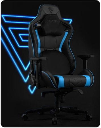 Herná stolička ergonomická SENSE7 Legend, čierno-modrá polohovateľná 90 až 140 stupňov penové polstrovanie proti pokriveniu vašej chrbtice oceľová konštrukcia ekologická umelá koža HDE špeciálna pena EasyFoam 