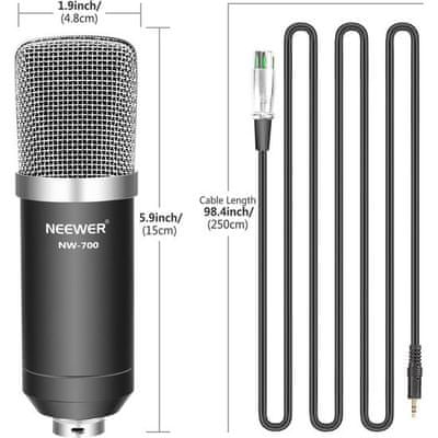  moderní kondenzátorový mikrofon neewer nw-800 absorbér otřesů ochrana před větrem propojovací kabel dynamické nahrávky vykreslené detaily snadná přenosnost 