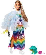 Mattel Barbie Extra v duhových šatech s modrým kabátkem GRN27