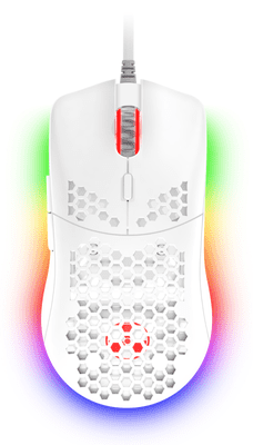Herní drátová myš CONNECT-IT Battle Air bílá dělená funkční tlačítka funkce optická senzor PIXART PAW3212DB 7 200 DPI ergonomie pro příjemný úchop RGB 