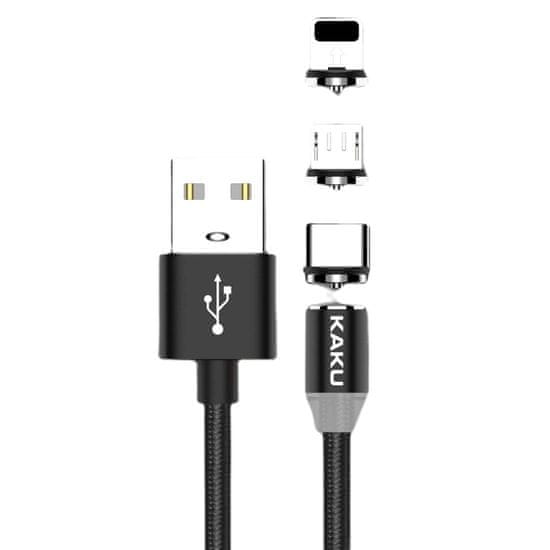 Kaku Magnetic 3in1 kabel USB - Lightning / USB-C / Micro USB 3A 1m, černý