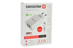 SWISSTEN Síťový adaptér SMART IC 2x USB 2,1A POWER + Datový kabel USB / TYPE C 1,2 M Bílý