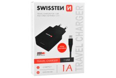 SWISSTEN Síťový adaptér SMART IC 1x USB 1A POWER s datovým kabelem USB Lightning 1,2 M černý