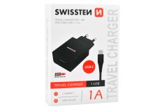 SWISSTEN Síťový adaptér SMART IC 1x USB 1A POWER + DATOVÝ Kabel USB / TYPE C 1,2 M Černý