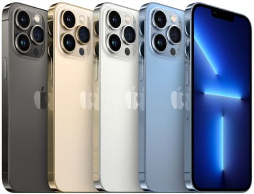 Apple iPhone 13 Pro, supervýkonný procesor, strojové učení, A15 Bionic, trojitý ultraširokoúhlý fotoaparát, IP68, voděodolný, Face ID, čtečka obličeje, Dolby Atmos, ProMotion