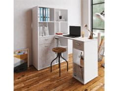 KONDELA Rohový PC stůl s regálem, bílá / beton, MINESON