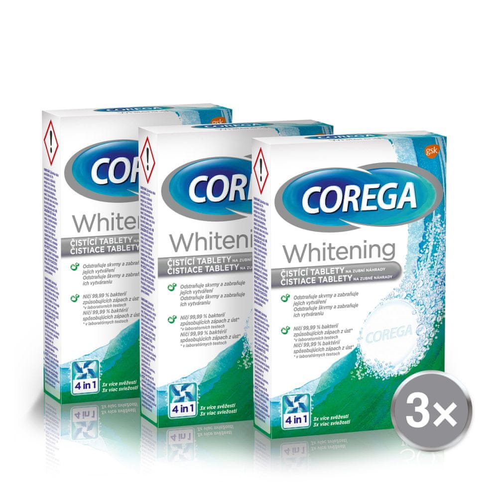 Corega Whitening Antibakteriální tablety pro čištění zubních náhrad 3x30ks