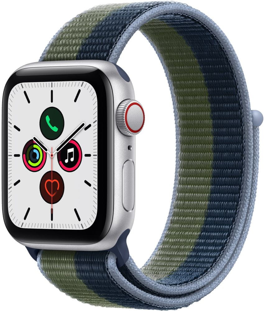 Apple Watch SE Cellular, 40mm Silver Aluminium Case with Abyss Blue/Moss Green Sport Loop (MKQW3HC/A)