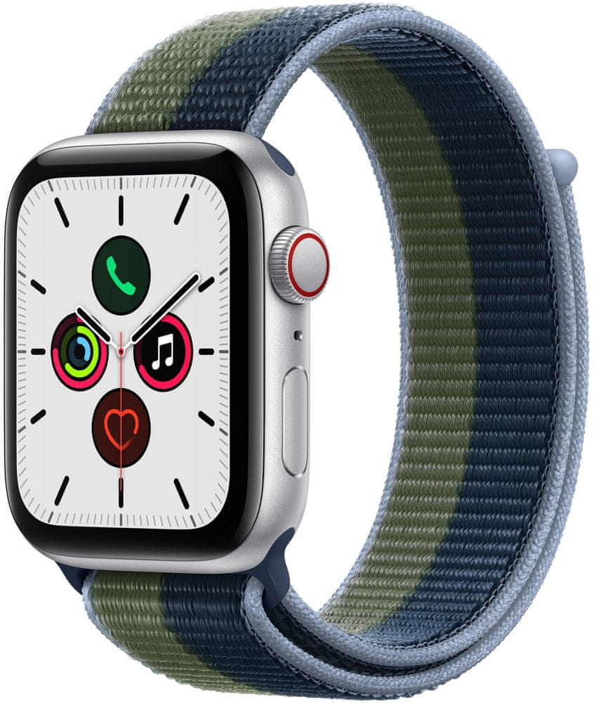 Apple Watch SE Cellular, 44mm Silver Aluminium Case with Abyss Blue/Moss Green Sport Loop (MKT03HC/A)