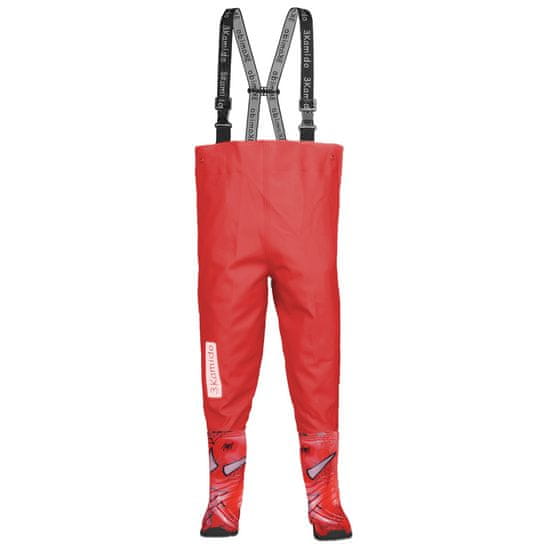 3Kamido Dětské brodící kalhoty červené SPIDER - nastavitelný pás, odolný postroj, spona FixLock Nexus, ochranný oblek, prsačky, kalhotoboty, rybářské kalhoty pro děti, brodící kalhoty pro teenagery 21 - 36 EU