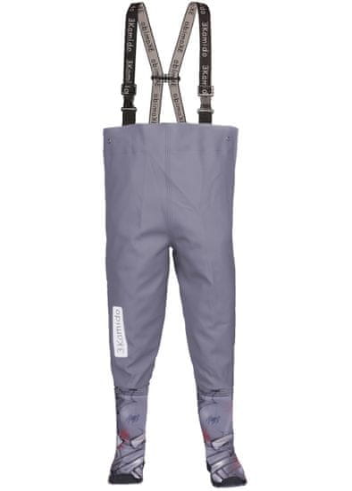 3Kamido Dětské brodící kalhoty šedé SPIDER - nastavitelný pás, odolný postroj, spona FixLock Nexus, ochranný oblek, prsačky, kalhotoboty, rybářské kalhoty pro děti, brodící kalhoty pro teenagery 21 - 36 EU