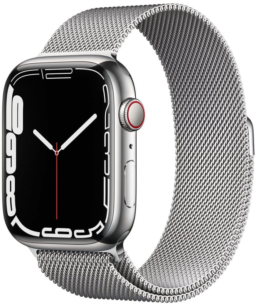 Apple Watch Series 7 Cellular, 45mm Silver Stainless Steel Case Silver Milanese Loop MKJW3HC/A - zánovní
