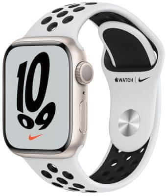Chytré hodinky Apple Watch Series 7, Retina displej stále zapnutý EKG monitorování tepu srdeční činnosti hudební přehrávač volání notifikace NFC platby Apple Pay hluk App Store Senzor pro snímání okysličení krve měření fyzické kondice VO2 max eSIM komunikace bez přítomnosti iPhone edice Nike Nike Run Club speciální edice Nike