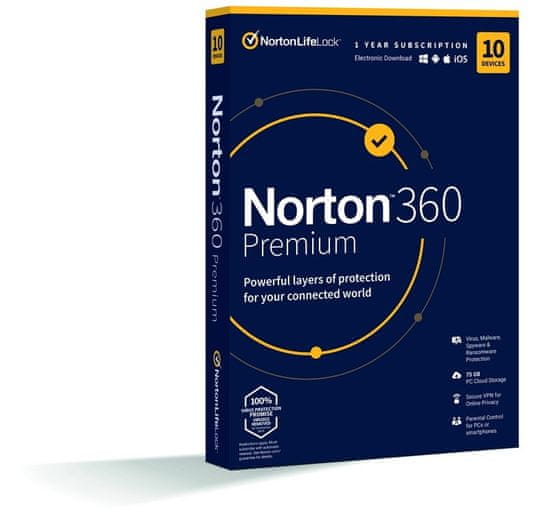 Norton NORTON 360 PREMIUM 75GB +VPN 1 UŽIVATEL PRO 10 ZAŘÍZENÍ NA 1 ROK- ELEKTRONICKÁ LICENCE