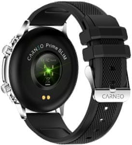 Carneo Prime Slim okosóra smartwatch gyönyörű design cserélhető szíj Bluetooth 4.2 technológia 7 sport üzemmód pulzusszám kalória lépésszámláló távolságmérő alvásmérő mozgásérzékelő  zene lejátszás fényképek készítése az órával csak 9 mm vékony lost funkció ip67 borítás víz- és izzadságálló body battery kardio index alvás monitorozás SpO2 vérnyomásmérés edzett üveg elegáns okosóra nagy teljesítményű óra hosszú akkumulátor élettartama ip67 védelem víz- és izzadságálló menstruációs naptár