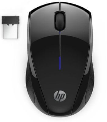 Bezdrátová myš kancelářská HP Wireless 220 Silent černá optická 1600 DPI ergonomický univerzální úchop modré LED podsvícení nastavitelné