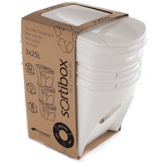 Prosperplast Sada 3 odpadkových košů SORTIBOX bílá 392X293X335 s bílým víkem a nálepkami