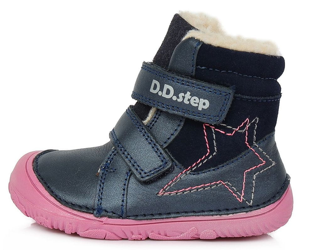 D-D-step dívčí zimní barefoot kožená kotníčková obuv W073-688B tmavě modrá 29