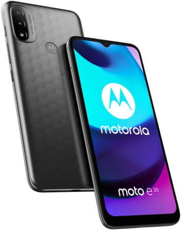 moderní mobilní dotykový telefon smartphone Motorola E20 10w nabíjení 4000mah baterie 40h výdrž lte wifi Bluetooth 2 sim Dual SIM paměťová karta nfc 6,5palcový hd plus displej 13 mpx fotoaparát ip52 google assistant