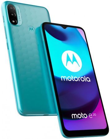 moderní mobilní dotykový telefon smartphone Motorola E20 10w nabíjení 4000mah baterie 40h výdrž lte wifi Bluetooth 2 sim Dual SIM paměťová karta nfc 6,5palcový hd plus displej 13 mpx fotoaparát ip52 google assistant
