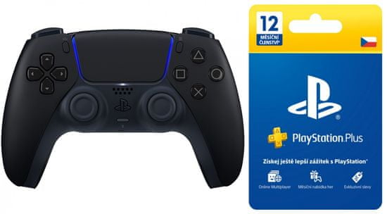 Sony PlayStation 5 Dual Sense Midnight Black + Sony Playstation Plus Card - 365 dní, CZ