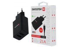 Zaparkorun.cz Síťový adaptér Smart IC, 2x USB + datový kabel USB-C, 1,2 m, černý, Swissten