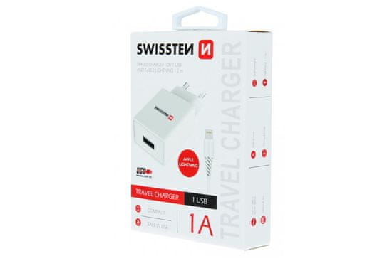 SWISSTEN Nabíječka Travel charger, 1 A, lightning, 1,2 m, Swissten
