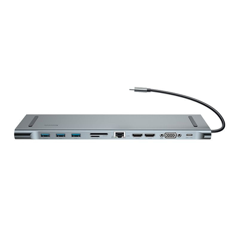 BASEUS dokovací stanice USB-C (USB-C, 3× USB 3.0, 2× 4KHDMI, VGA, LAN RJ45, 3,5mm Jack, microSD/SD), CATSX-G0G