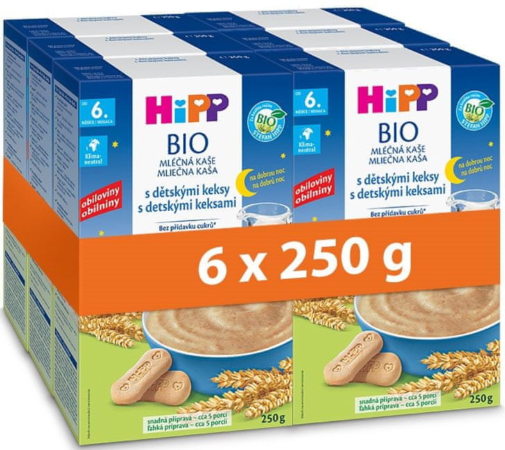 Levně HiPP BIO Mléčná kaše na dobrou noc s dětskými keksy 6 x 250 g, od 6. měsíce