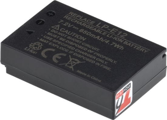 Baterie T6 Power pro digitální fotoaparát Canon LP-E12, Li-Ion, 7,2 V, 650 mAh (4,7 Wh), černá